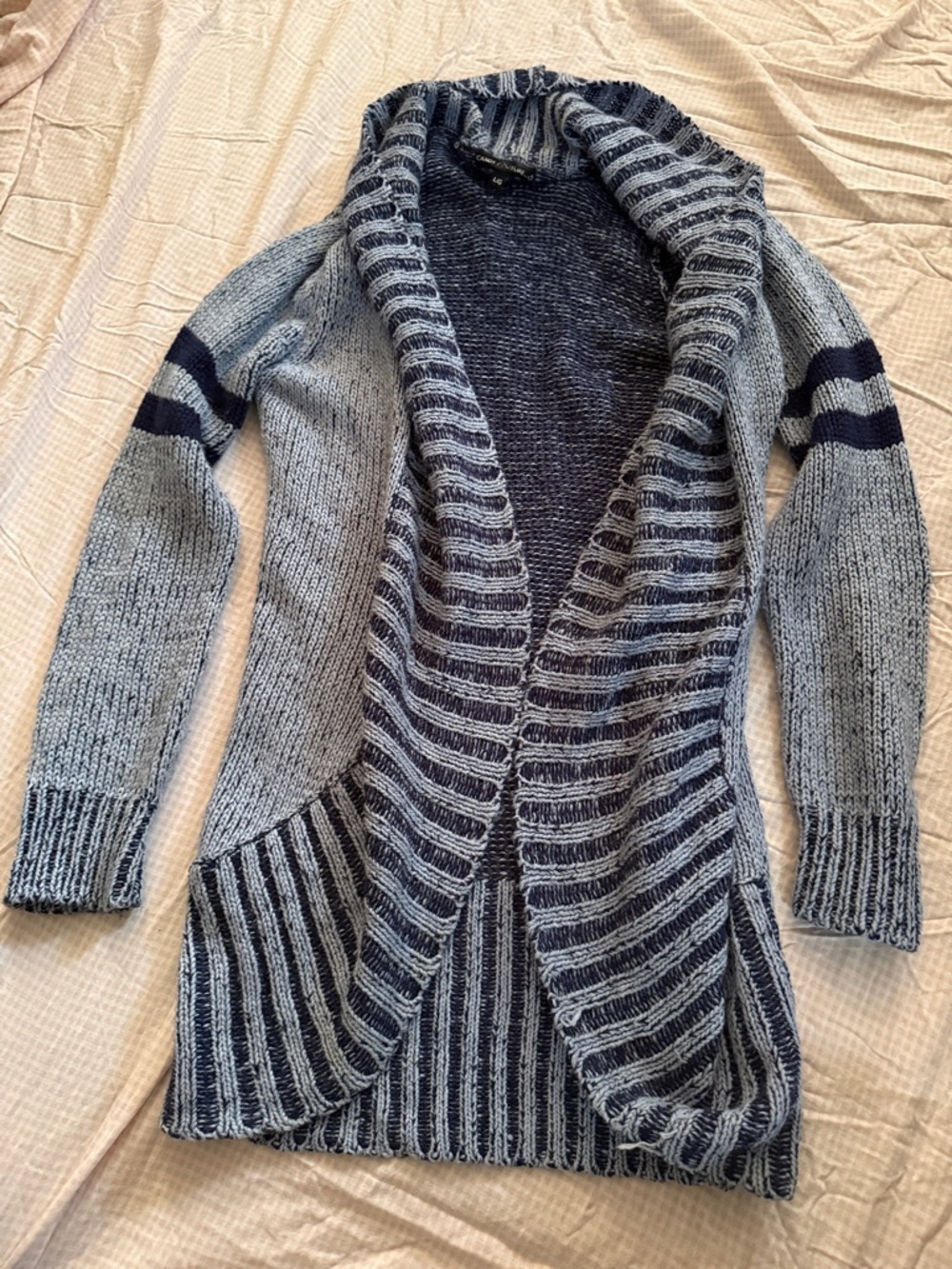 Striped Open-Front Shawl Collar Cardigan Sweater - Blue/Gray